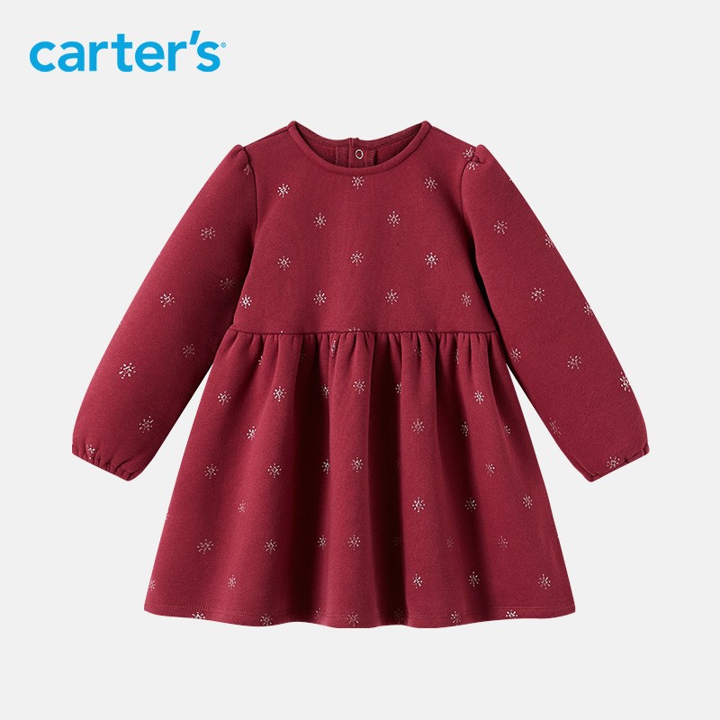 carters 儿连衣裙冬季女童加绒保暖长袖针织公主连衣裙 暗红1M748810 12M（建议身高80cm）