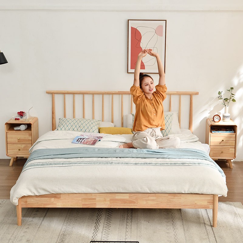 佳佰 实木床 双人床 简约单人床现代美式婚床原木色1.5米橡胶木