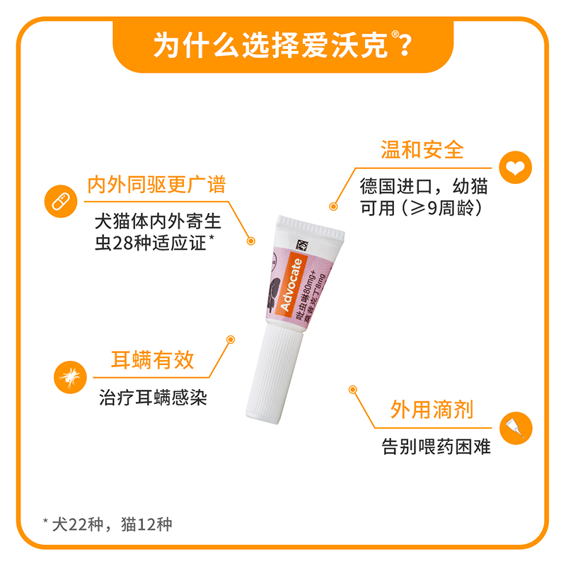 爱沃克德国拜耳猫咪体内外驱虫滴剂内外同驱防治跳蚤耳螨蛔虫心丝虫 ≤4kg幼猫体内驱虫宠物驱虫药0.4 小猫用（≤4kg）0.4ml【3支盒】