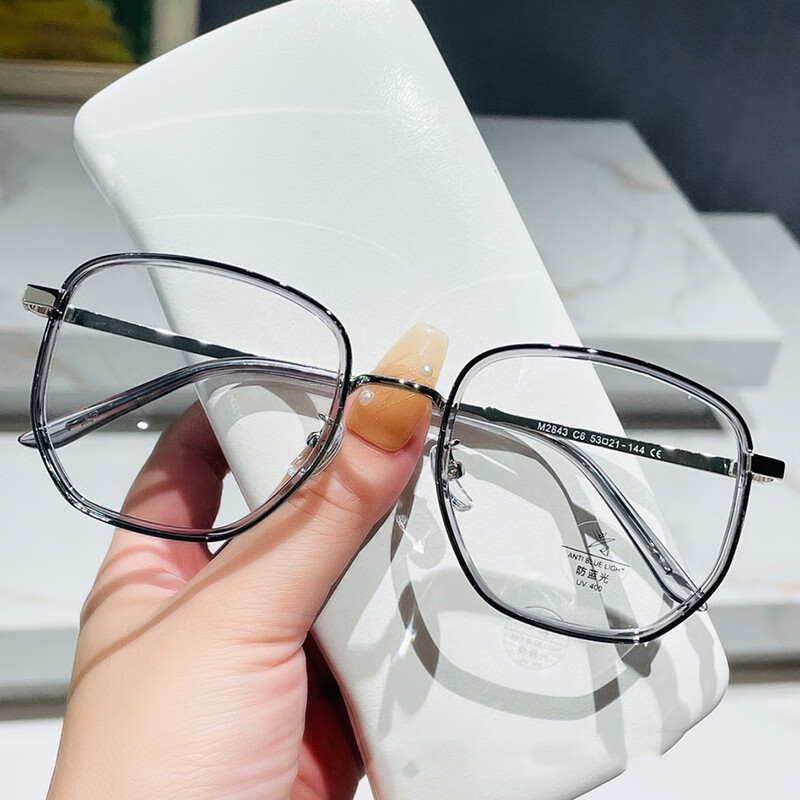 Erilles 大框眼镜架近视女素颜神器可配度数镜片圆脸显瘦防蓝光眼镜框 透灰框 156变色两用镜片【留言度数】