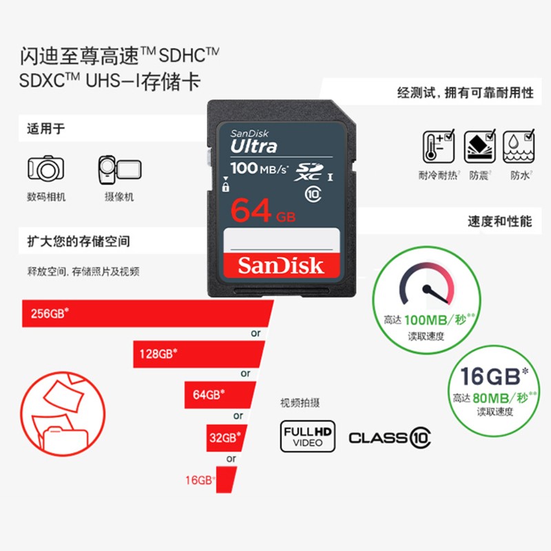 闪迪（SanDisk）64GB SD存储卡 至尊高速版 读速100MB/s 耐冷耐热  防水抗冲击