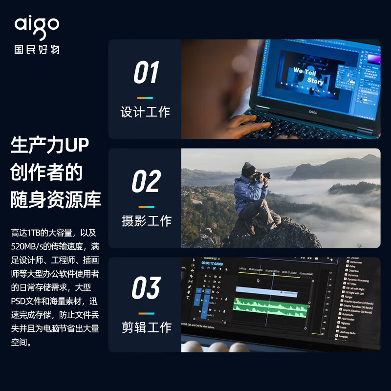 爱国者（aigo）2TB USB 3.1 移动固态硬盘 (PSSD) S7 读速高达520MB/s 轻薄抗震 多色可选