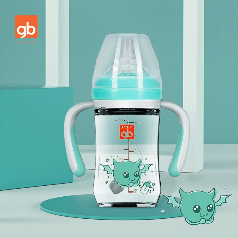 gb好孩子 婴儿玻璃奶瓶 宽口径玻璃奶瓶  握把吸管奶瓶 天使饿魔系列 180mL 浅绿适合6个月以上
