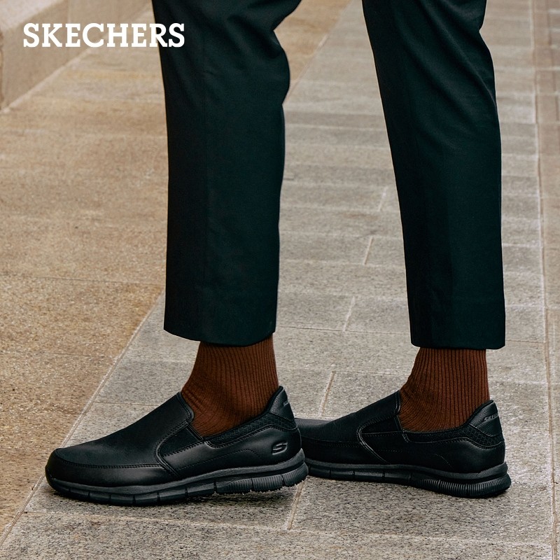斯凯奇skechers男鞋新款简约一脚套工作鞋舒适低帮休闲鞋 77157 黑色/BLK 43