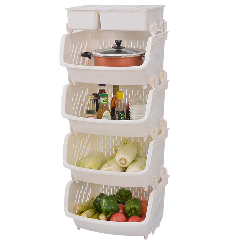 百露 带储物盒厨房置物架储物架收纳架加厚款可放置干货水果蔬菜置物架 白色四层带盒