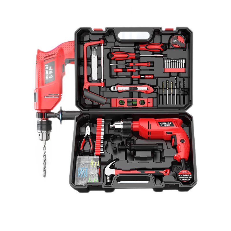 德国欧莱德家用手电钻冲击钻多功能两用轻锤组合维修套装电动螺丝刀充电钻车载木工电工五金工具箱套装 店铺推荐：冲击钻万家福轻盈版【插电款】