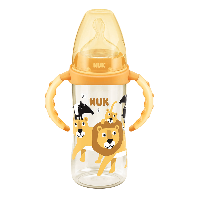 NUK宽口PPSU奶瓶新生婴儿带手柄中圆孔硅胶6-18个月300ML狮子款进口