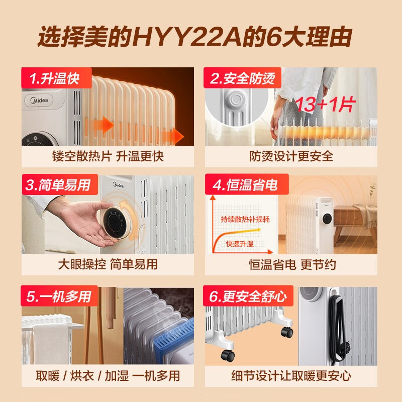 美的（Midea）取暖器油汀电暖器家用客厅卧室13片电暖气电热暖风机电油丁取暖器片 HYY22A