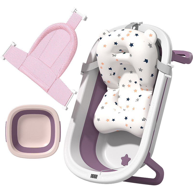 世纪宝贝（babyhood）婴儿洗澡盆宝宝折叠浴盆洗澡神器电子感温323洗护4件套粉色