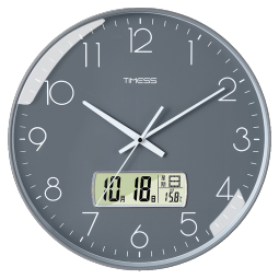 Timess液晶显示万年历挂钟客厅卧室圆形钟表家用免打孔时钟时尚创意简约扫秒机芯石英钟P12B-3灰边灰面30厘米