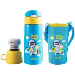 膳魔师儿童保温杯304不锈钢吸管杯3盖大容量保温水杯学生杯带杯套 FFG 蓝色机长（三盖）