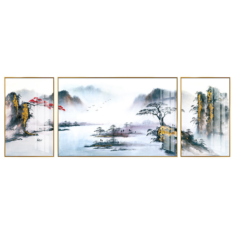 客厅装饰画三联画新中式现代轻奢禅意山水壁画沙发背景挂画铝合金