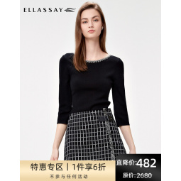 ELLASSAY歌力思秋冬新款精致圆领设计绵羊毛混纺针织打底毛衣女F196M10500 经典黑 S