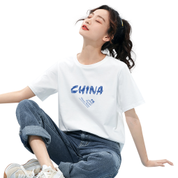 米子旗国潮风短袖t恤女2025新款夏季纯棉半袖宽松版情侣装男 蓝字6915胸前大 白色 L 110-120斤