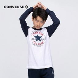 Converse 匡威儿童装男童长袖t恤春秋款纯棉打底衫中大童女孩圆领套头上衣 纯白色-插肩袖-纯棉 120 /60 【建议身高110-116cm】