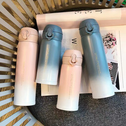 艾格辰便携儿童保温杯高颜值304不锈钢水杯渐变保温杯学生家用杯子 渐变粉 350ml