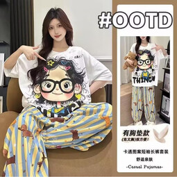 巴洛莲 BORORAMCC云朵棉带胸垫睡衣女短袖长裤夏季家居服套装外穿 610眼镜女孩 L 默认尺码2 建议100-115斤 