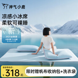神气小鹿凉感小冰席可水洗冰丝凉感母婴级夏天可折叠抑菌 天空蓝-绑带款-抑菌防螨+可机洗 150cm*200cm 