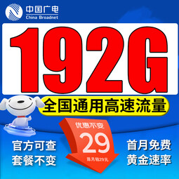中国广电流量卡手机卡电话卡5g不限速超低月租非永久无限流量纯上网卡全国通用无合约 【超值卡】29元192G通用流量自己激活 无需续约