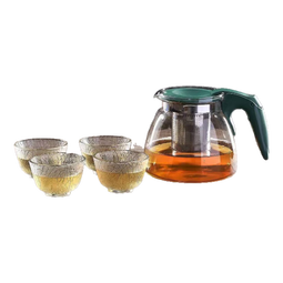 茶壶泡茶器整套茶具茶水分离玻璃耐热泡茶壶花茶套装茶漏 绿把一壶四杯 1000ml 
