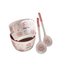 釉下彩可爱卡通碗碟套装家用高颜值陶瓷碗筷盘餐具 2碗2勺 4件套