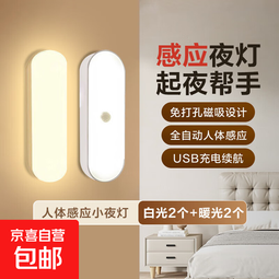 感应起夜小夜灯led智能人体感应人走灯灭家用卧室床头夜用过道楼梯小夜灯宿舍 白光2个+暖光2个【人来灯亮】 
