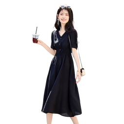 尚静连衣裙女夏季新款女装气质优雅法师花边复古V领收腰显瘦小黑裙女