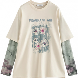 初语拼接连体长袖印花T恤女2025秋新款重工珠片柔软棉质宽松上衣 浅米杏 S