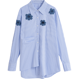 初语衬衫女2025秋季新款航海风浅蓝条纹不对称设计感牛仔花朵衬衣 浅蓝色 S