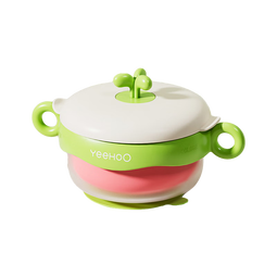 英氏（YEEHOO）婴儿恒温碗注水保温碗儿童餐具套装316不锈钢吸餐盘辅食宝宝饭碗 三件套注水碗+吸盘+叉勺 绿粉色
