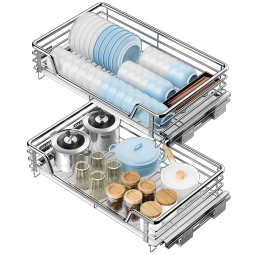 卡贝（cobbe）厨房拉篮橱柜304不锈钢碗碟调味篮抽屉式锅碗收纳置物架双层碗篮
