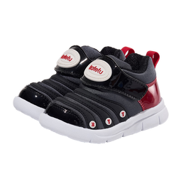 卡特兔毛毛虫童鞋秋冬加绒儿童运动鞋软底学步鞋1-3岁防滑棉鞋休闲鞋 黑红-皮面 21 内长13.0cm  脚长12.0-12.5