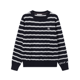 ELLE ACTIVE设计感撞色条纹毛衣女冬季弹力舒适显瘦百搭运动圆领套头针织上衣 藏青色 S
