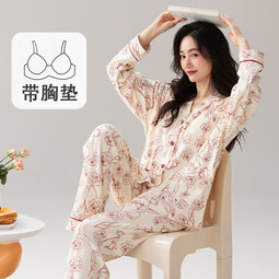 雅鹿睡衣女士带胸垫家居服套装长袖长裤春秋季薄款和服领开衫可外穿 H2283花卉（带胸垫） M 【建议75-90斤】