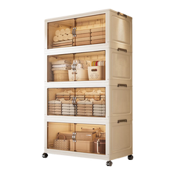 纳份爱升级85CM折叠收纳柜免安装客厅零食玩具储物柜卧室双开门多层衣柜 56面宽-黑茶【仿皮把手】 一层【配直轮】