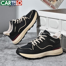 卡帝乐鳄鱼男鞋秋冬新款运动鞋男旅游厚底休闲鞋轻便防滑耐磨户外跑步鞋 黑杏 QH8313 39