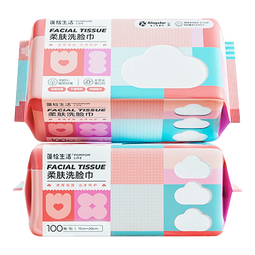 蓬松生活洗脸巾绵柔巾新生婴儿宝宝干湿两用柔巾加厚一次性抽取式 柔肤洗脸巾 100抽*2包