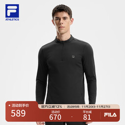 FILA 斐乐官方男子针织长袖上衣2025冬季新款健身运动加绒基础长T 深黑-BK S 165/88A/S