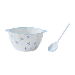 高颜值雪花蝴蝶结陶瓷双耳汤碗酸奶碗釉下彩家用餐具微波炉泡面碗 【蝴蝶结+初雪蓝】南瓜双耳碗各一个 高温釉下彩材质