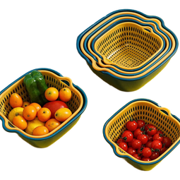 旅行装备便携折叠双层洗菜盆沥水篮六件套户外露营野餐收纳多功能 【大号沥水篮+盆】双层沥水