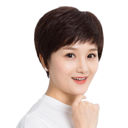 佰丝堂假发女短发自然全头套中老年女士妈妈真人发丝手织真发纹理发透气 深棕色 【全手织精品网】 短发 均码