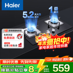 海尔（Haier）燃气灶天然气 家用嵌入式双灶5.2kw猛火 自动熄火保护 台嵌两用一级能效 可调节底壳 【Q2BE3】5.2KW天然气灶