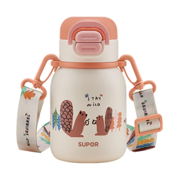 苏泊尔（SUPOR）儿童保温杯男女孩学生水杯水壶316L不锈钢便携吸管杯大容量学饮杯 【背带款】一盖双饮 嫩柚粉 500ml