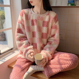 宝娜斯（BONAS）玫瑰绒睡衣女秋冬季加绒加厚格子睡衣园领可外穿法兰绒居家 粉格子 套装 均码 80-150