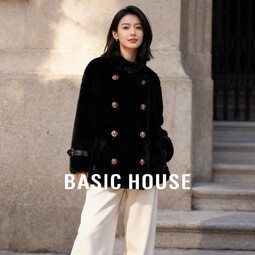 Basic House/百家好圣诞深冬韩版仿水貂绒加厚外套女毛领毛茸茸 黑色 M 85-125斤