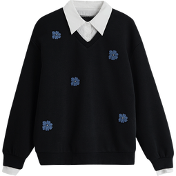 初语假两件衬衫拼接卫衣女2025秋季新款智性风设计感花卉刺绣上衣情侣 黑色 S 