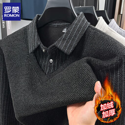 罗蒙（ROMON）男士仿雪貂绒假两件加绒毛衣2025秋冬新款保暖针织打底衫男装上衣 221黑色 M (建议体重90-110斤)