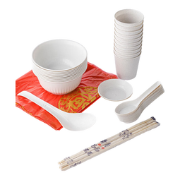 稻壳一次性餐具碗筷套装勺杯子十人份聚餐家用酒席商用野餐七件套 十人份套装【1包】绿色包装