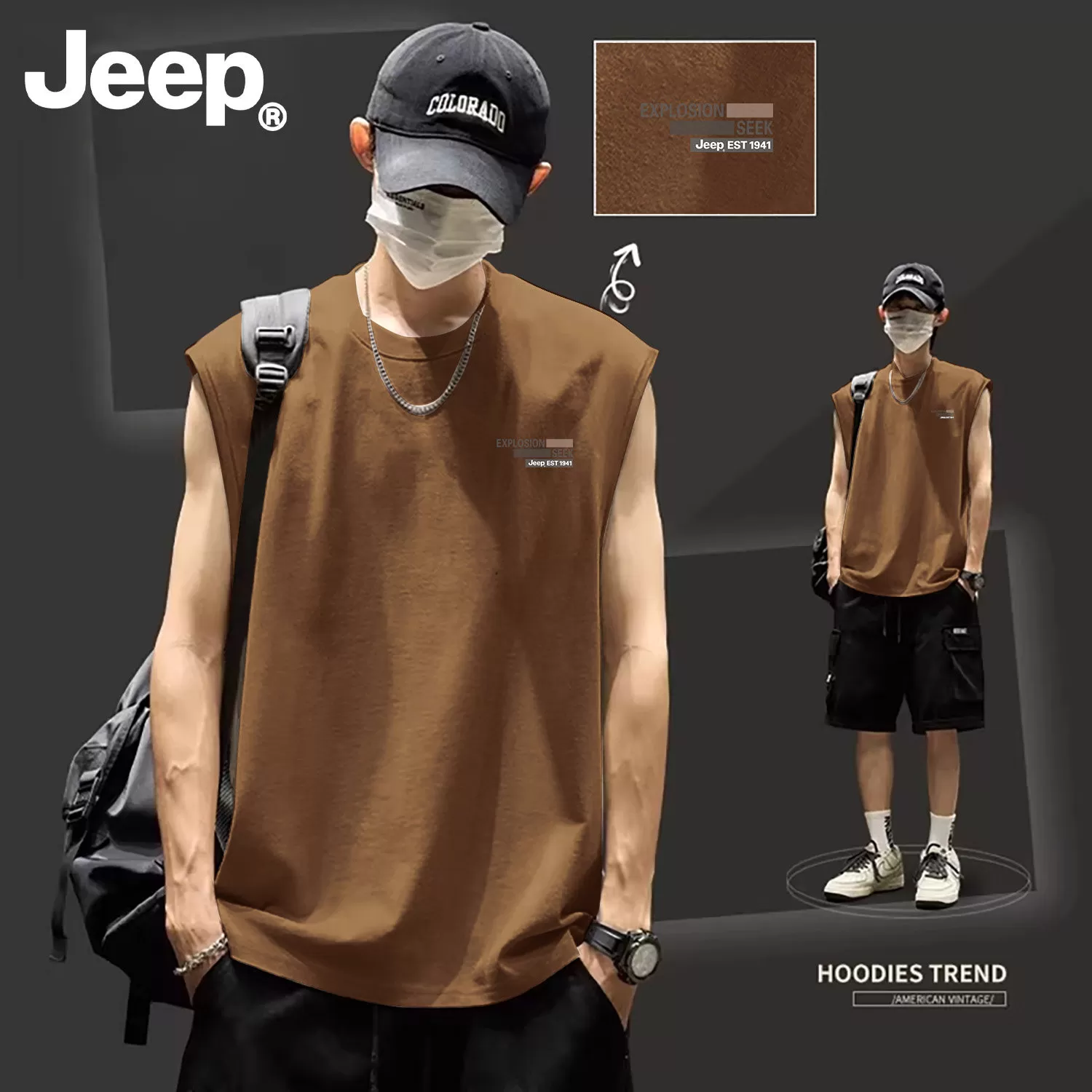 Jeep吉普纯棉背心男士夏薄款新款打底青少年宽松宽肩大码健身t恤 