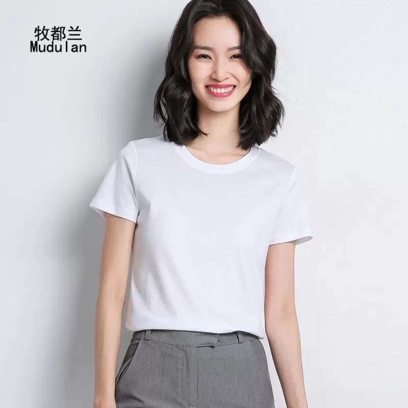 6牧都兰正肩纯棉T恤女韩版打底圆领修身显瘦自带腰线纯色上衣